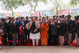 Defence Minister Rajnath Singh with UP Chief Minister Yogi Adityanath at the Samvid Gurukulam Girls Sainik School in Vrindavan.