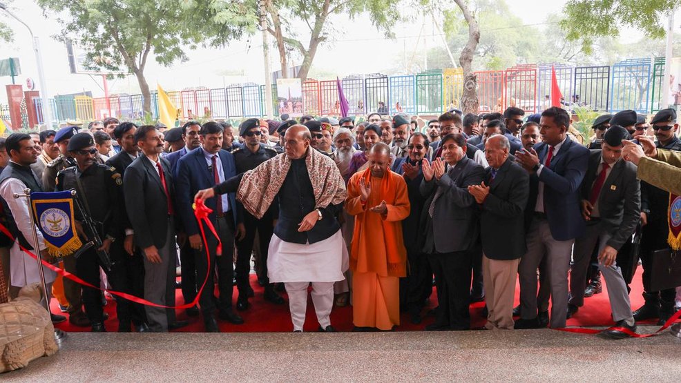 Defence Minister Rajnath Singh with UP Chief Minister Yogi Adityanath at the Samvid Gurukulam Girls Sainik School in Vrindavan.