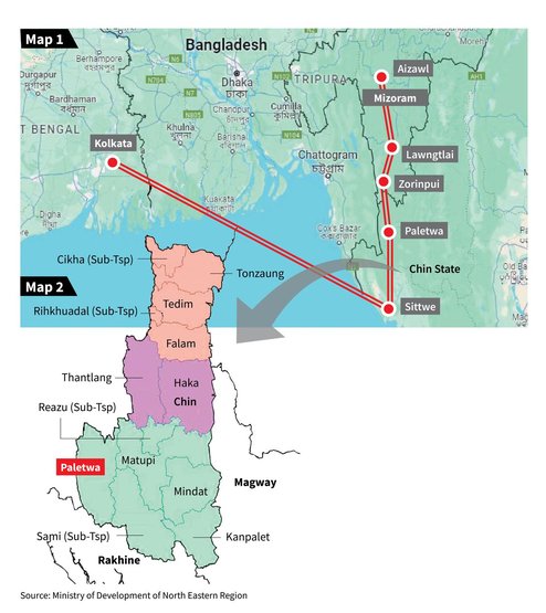 Map 1 shows the route of India’s proposed Kaladan Multimodal Transit Transport Project. Map 2 show Chin State where current tensions are playing out. (Credits: The Hindu)