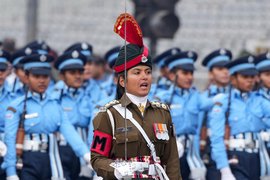 The all-women IAF contingent during a rehearsal for Republic Day parade 2024. (Credits: PTI)