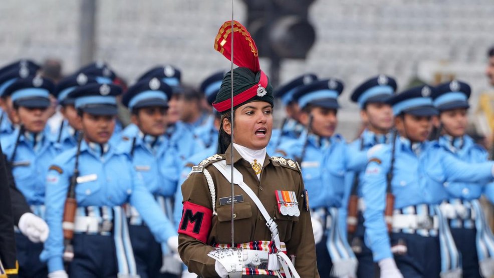 The all-women IAF contingent during a rehearsal for Republic Day parade 2024. (Credits: PTI)