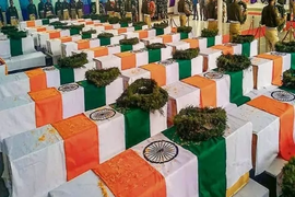 Tricolor draped coffins of CRPF officers who lost their lives in the Pulwama terror attack (Credits: PTI)