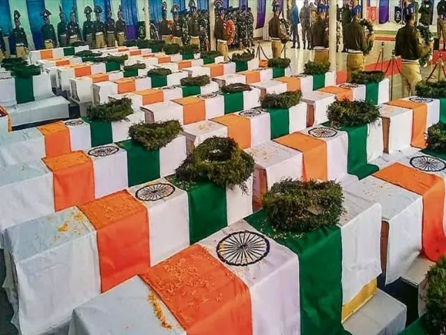 Tricolor draped coffins of CRPF officers who lost their lives in the Pulwama terror attack (Credits: PTI)