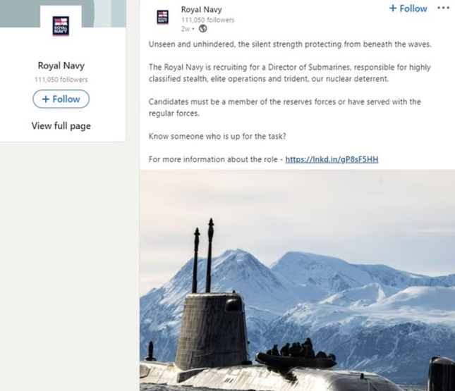 UK Royal Navy's recruitment ad on LinkedIn.