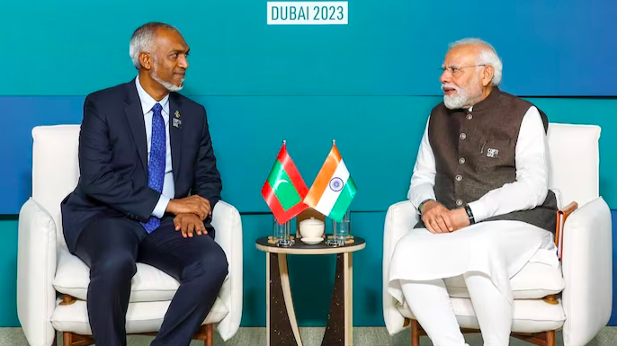 Prime Minister Narendra Modi and President Mohamed Muizzu during the COP28 summit in Dubai in December. (Credits: India Today)