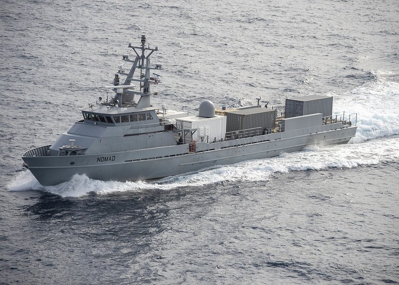 The large unmanned surface vessel Nomad transits the Pacific Ocean to participate in Rim of the Pacific (RIMPAC) Exercise, 2022. Picture Credits: Wikipedia